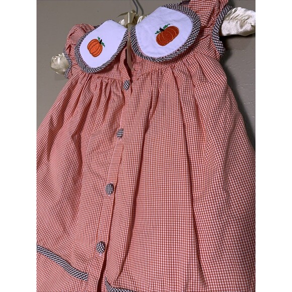 The Bella Bean Girls Gingham Smocked Dress Embroidered Pumpkins K Initial 2T - Picture 5 of 5